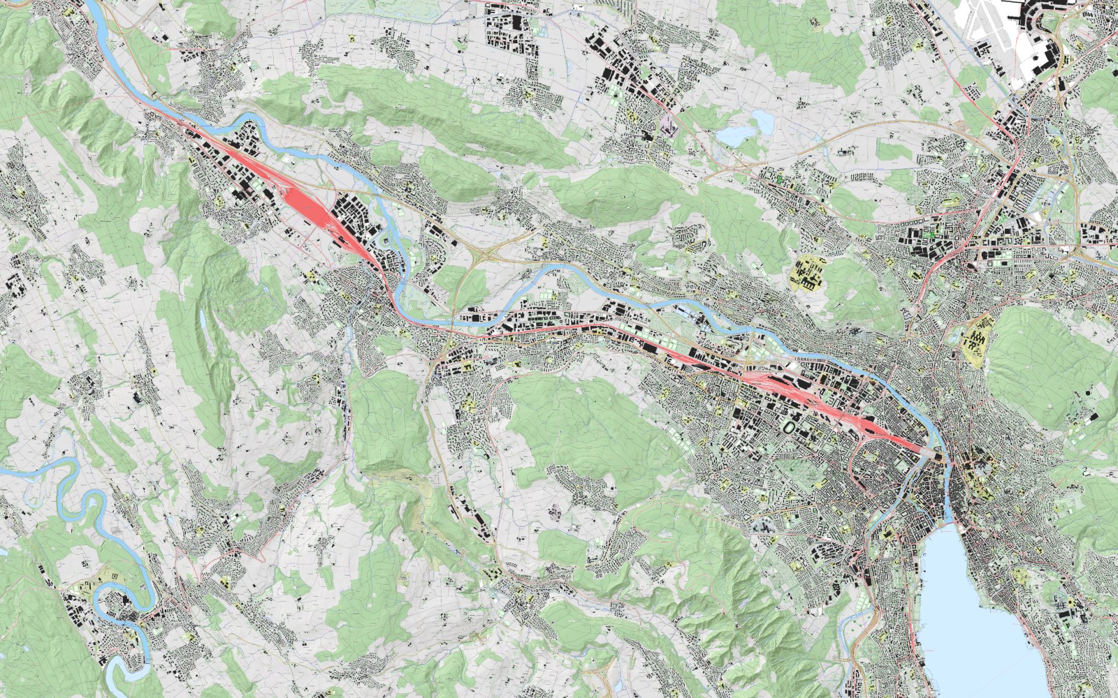 Karte des Limmattals mit Schlieren in der Mitte und den Nachbargemeinden im Umkreis von rund 5 Kilometern